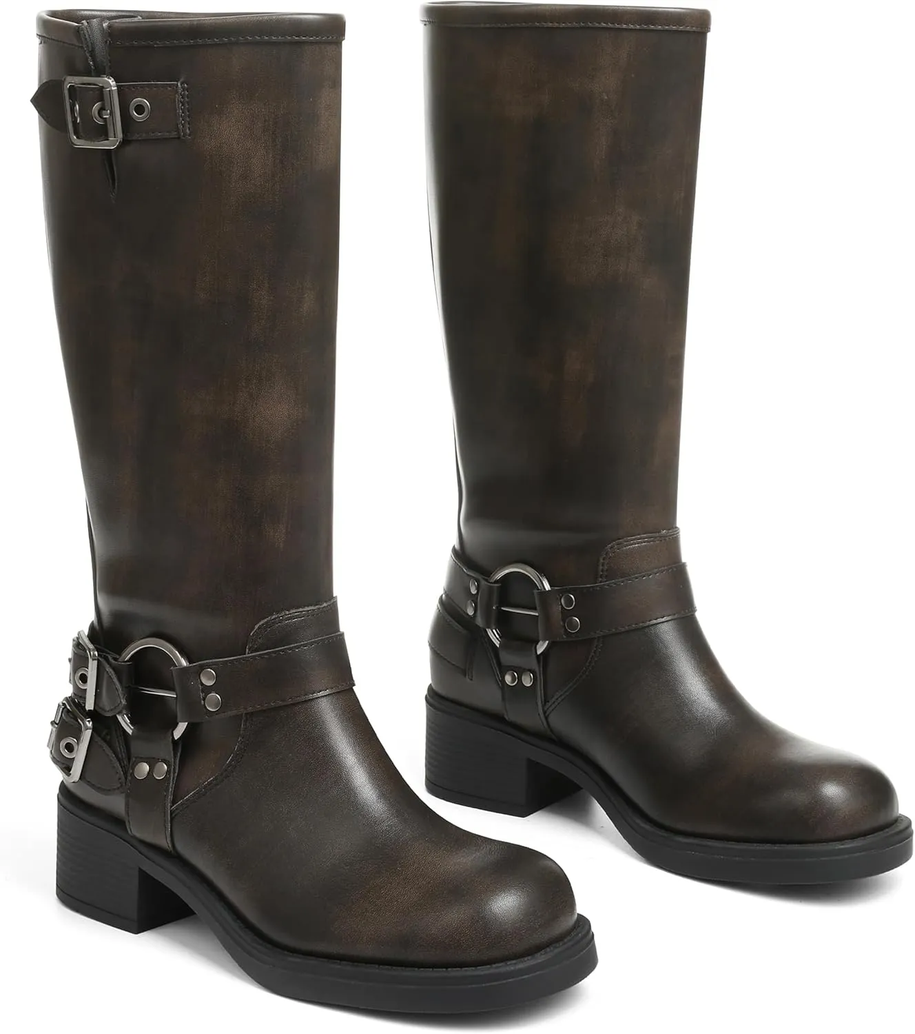 AMINUGAL Knee High Boots Women Square Toe Pull On Wide Calf Riding Fashion Buckles Chunky Metallic Casual Vintage Buckle Rivet