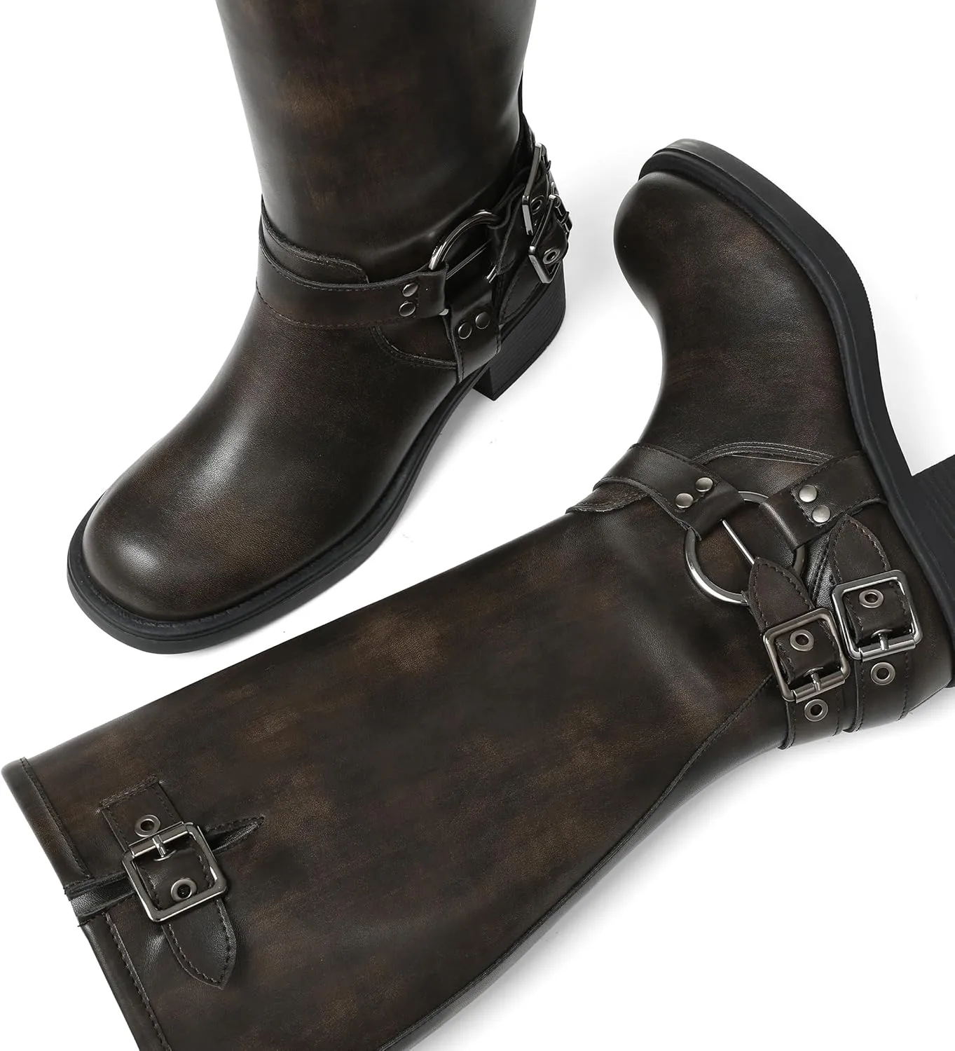 AMINUGAL Knee High Boots Women Square Toe Pull On Wide Calf Riding Fashion Buckles Chunky Metallic Casual Vintage Buckle Rivet