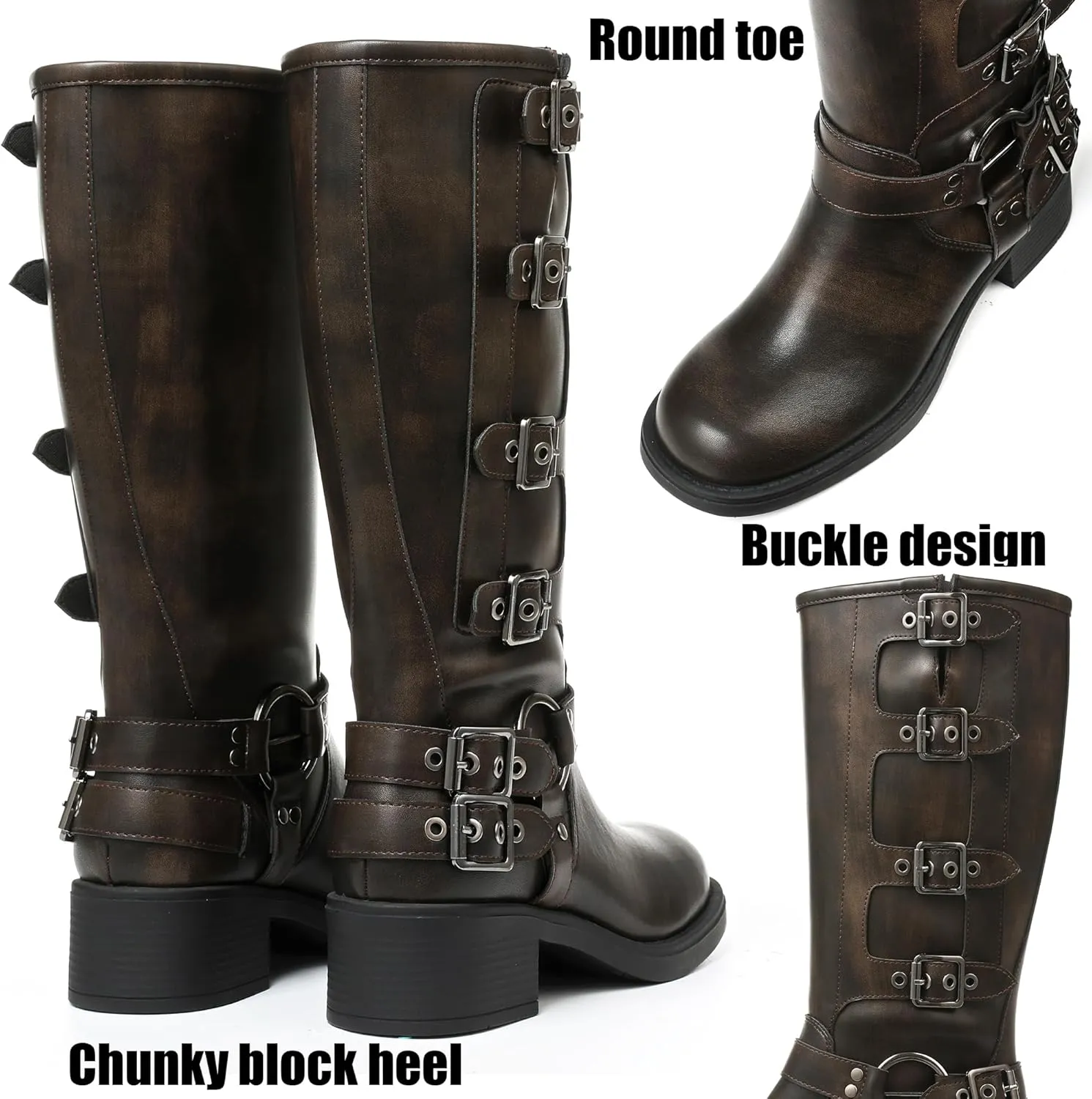 AMINUGAL Knee High Boots Women Square Toe Pull On Wide Calf Riding Fashion Buckles Chunky Metallic Casual Vintage Buckle Rivet