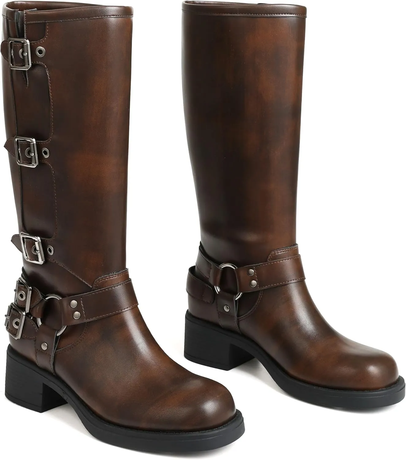 AMINUGAL Knee High Boots Women Square Toe Pull On Wide Calf Riding Fashion Buckles Chunky Metallic Casual Vintage Buckle Rivet