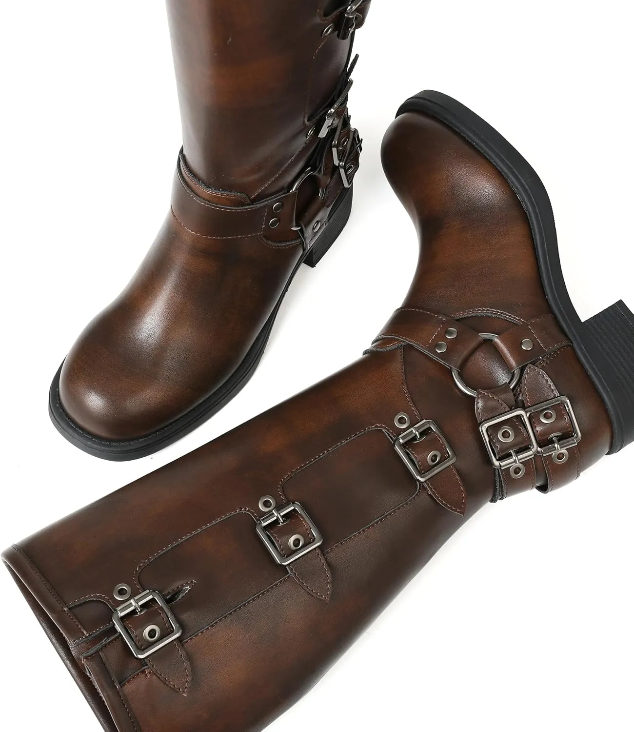 AMINUGAL Knee High Boots Women Square Toe Pull On Wide Calf Riding Fashion Buckles Chunky Metallic Casual Vintage Buckle Rivet
