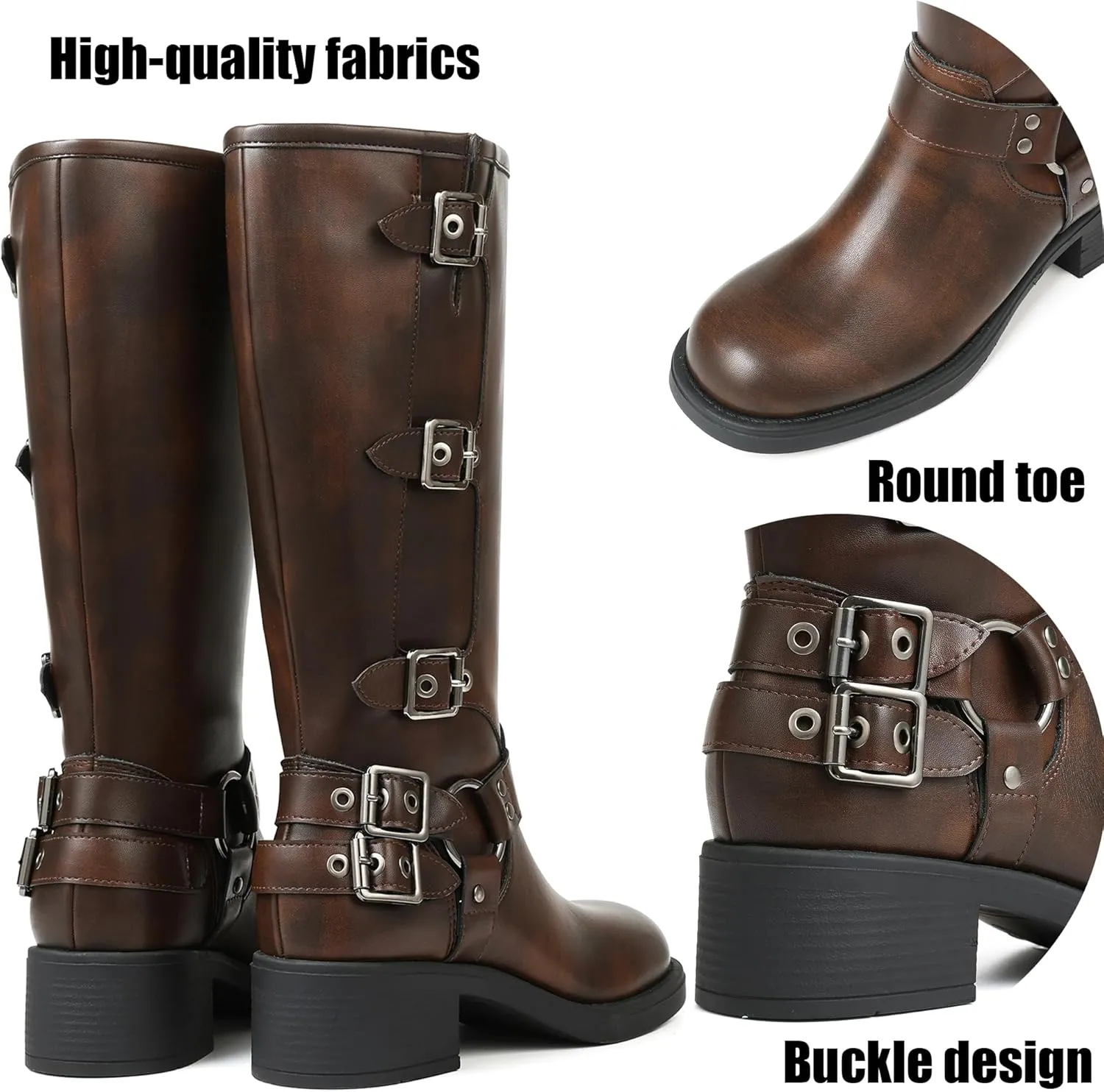 AMINUGAL Knee High Boots Women Square Toe Pull On Wide Calf Riding Fashion Buckles Chunky Metallic Casual Vintage Buckle Rivet