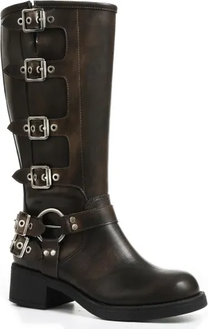 AMINUGAL Knee High Boots Women Square Toe Pull On Wide Calf Riding Fashion Buckles Chunky Metallic Casual Vintage Buckle Rivet