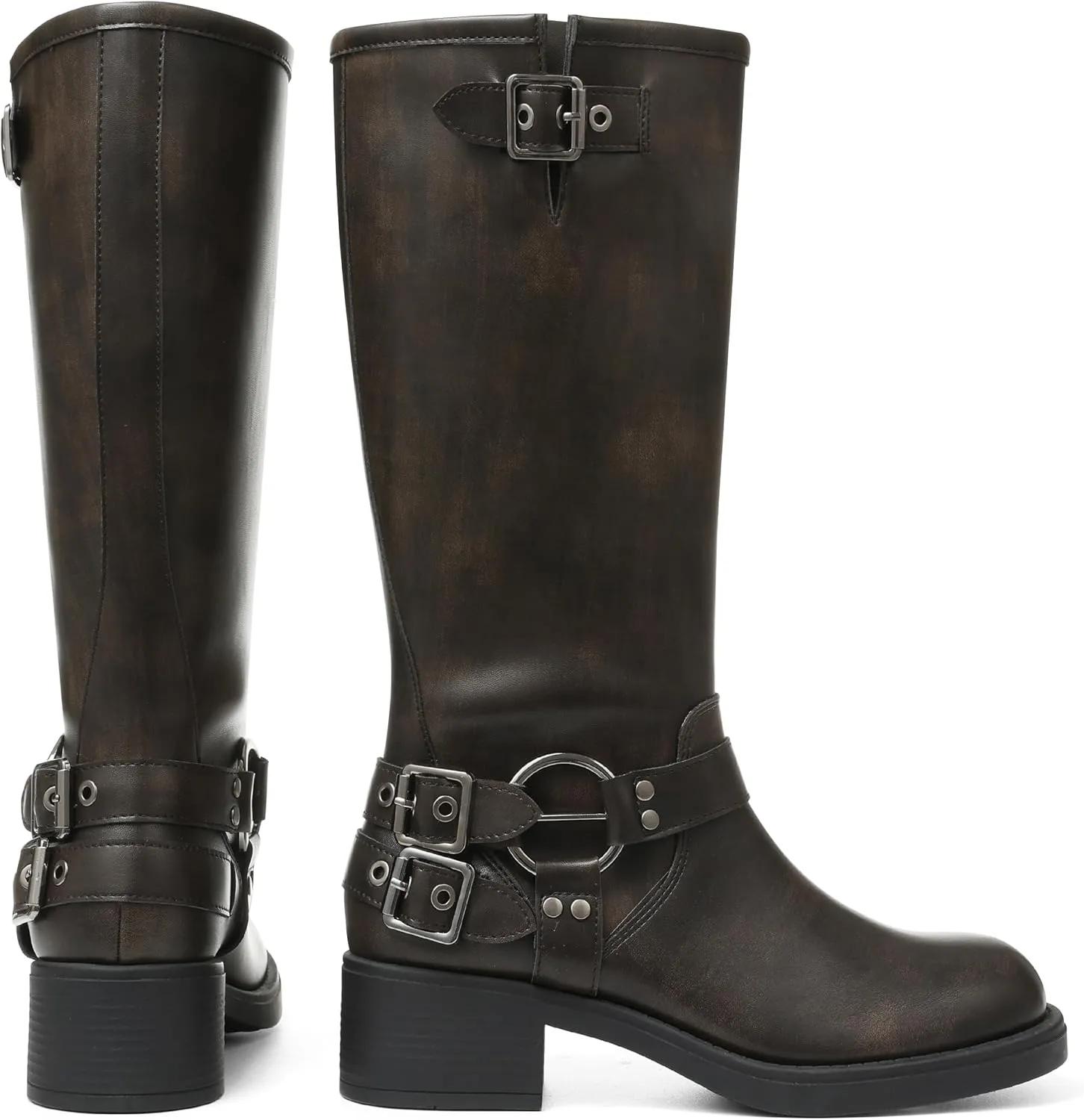 AMINUGAL Knee High Boots Women Square Toe Pull On Wide Calf Riding Fashion Buckles Chunky Metallic Casual Vintage Buckle Rivet