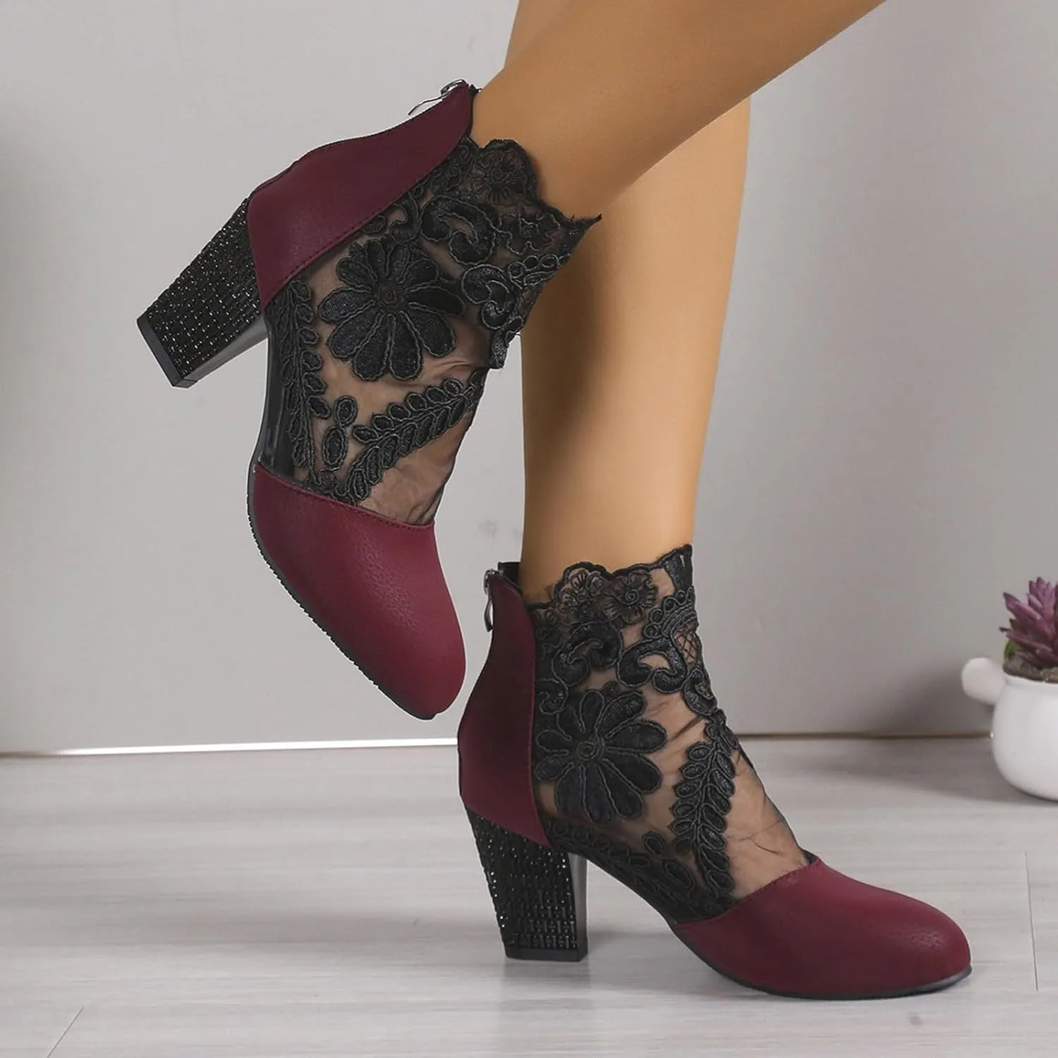Ankle Booties for Women Back Zipper Closed ToeChunky Heel Floral Lace Mesh Non-Slip Block Heeled Ankle Bootie