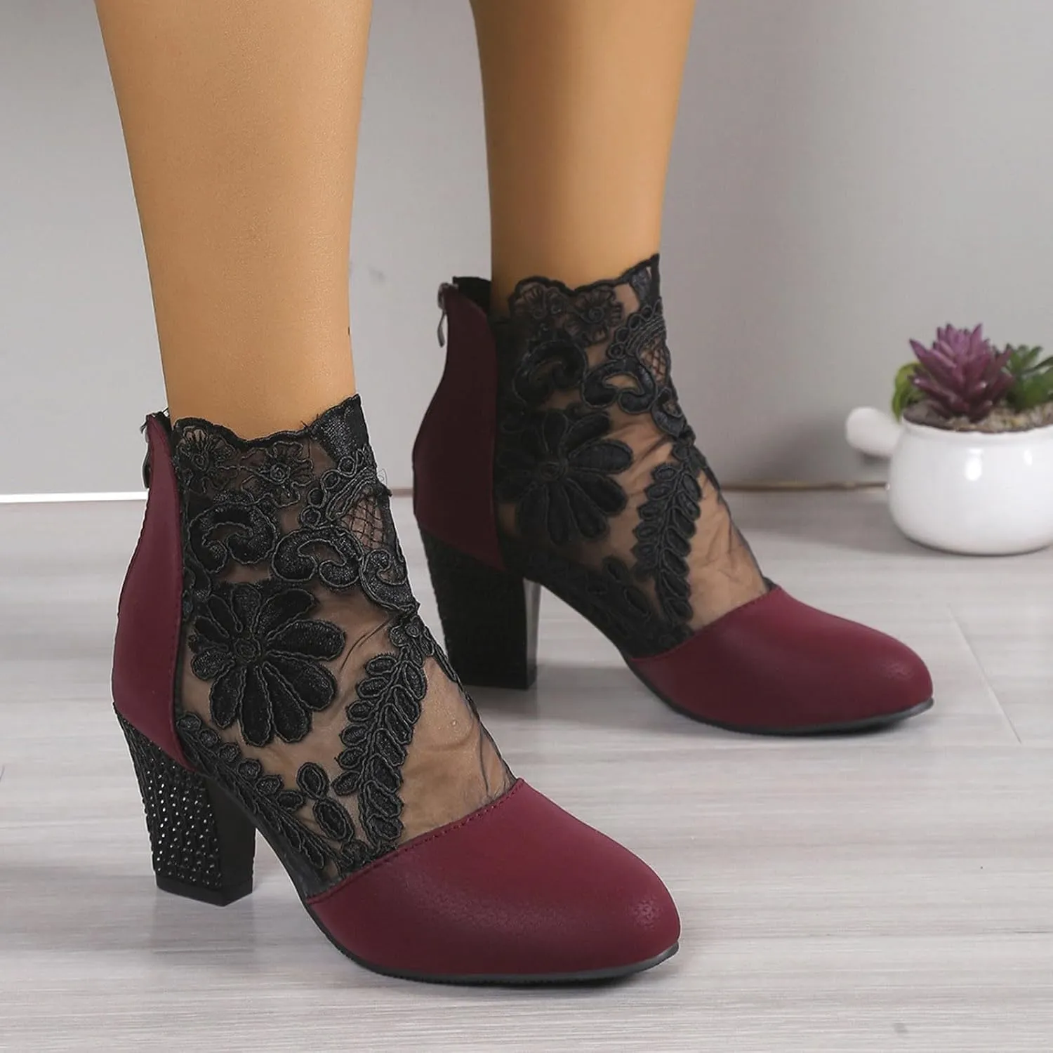 Ankle Booties for Women Back Zipper Closed ToeChunky Heel Floral Lace Mesh Non-Slip Block Heeled Ankle Bootie
