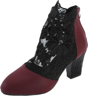 Ankle Booties for Women Back Zipper Closed ToeChunky Heel Floral Lace Mesh Non-Slip Block Heeled Ankle Bootie