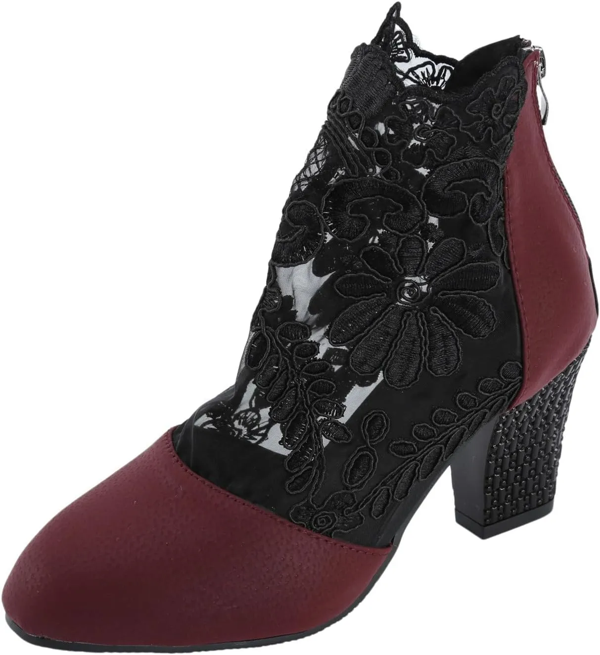 Ankle Booties for Women Back Zipper Closed ToeChunky Heel Floral Lace Mesh Non-Slip Block Heeled Ankle Bootie