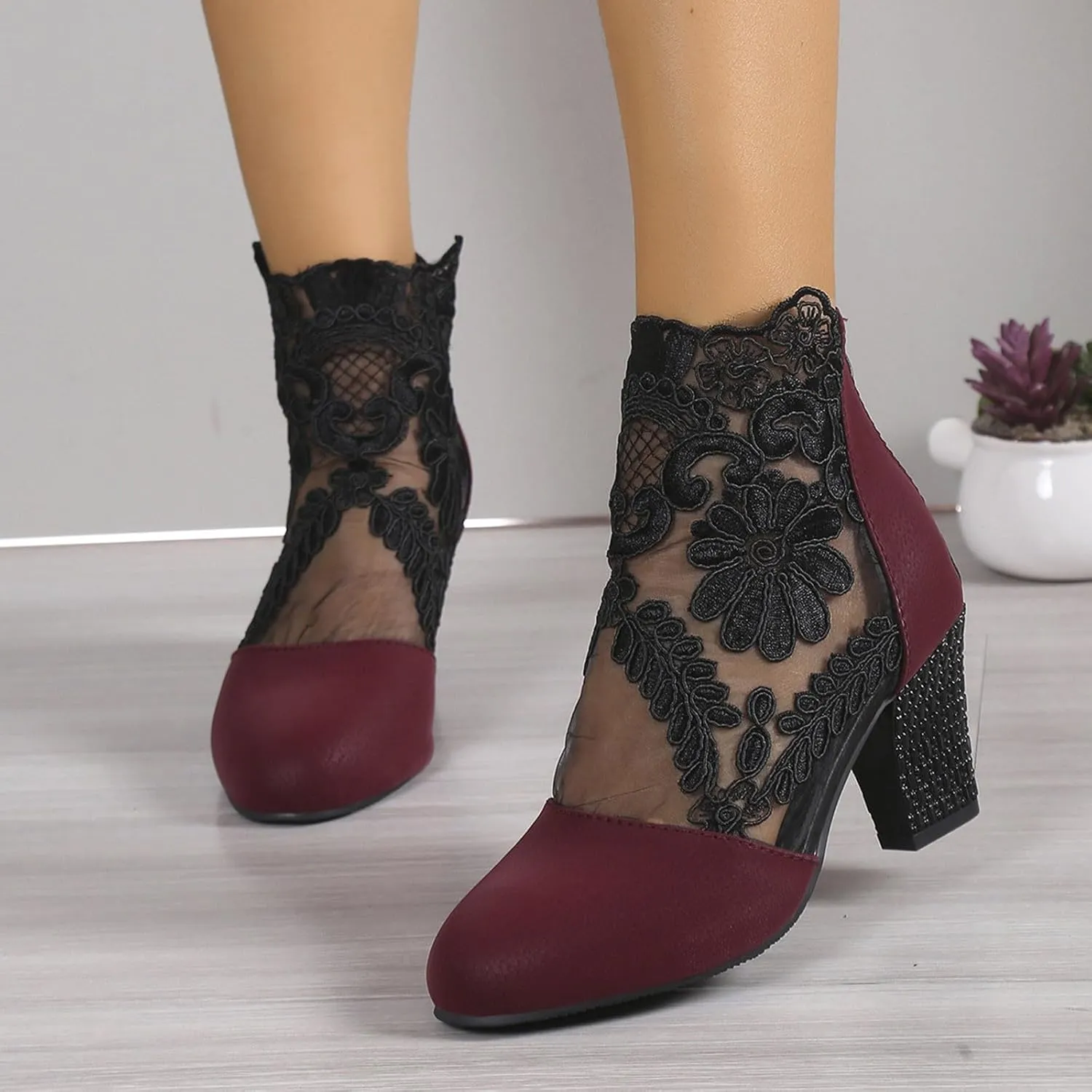 Ankle Booties for Women Back Zipper Closed ToeChunky Heel Floral Lace Mesh Non-Slip Block Heeled Ankle Bootie