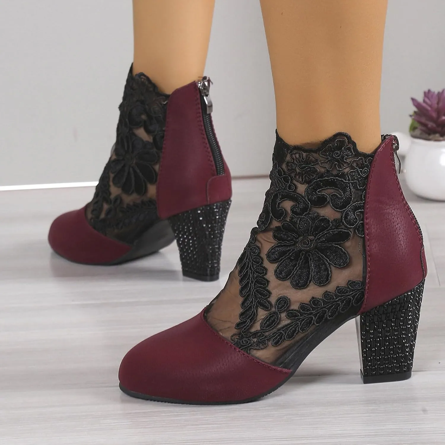 Ankle Booties for Women Back Zipper Closed ToeChunky Heel Floral Lace Mesh Non-Slip Block Heeled Ankle Bootie
