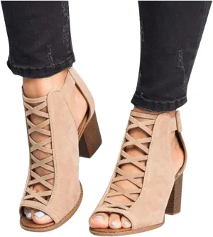 Ankle Boots for Women Low Heel,Summer Caged Gladiator Block Heel Strappy Dress Dressy Sandals Shoes for Women