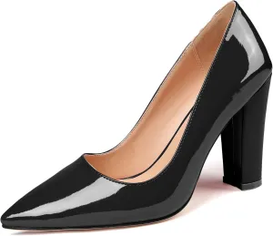 AUMOTED Women High Heel Pumps Shoes Solid Slip On Chunky Heel Block Heel Pointed Toe Work Heel