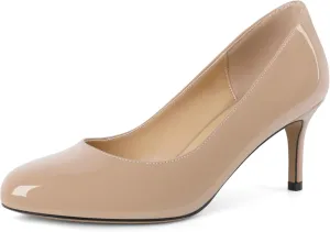 AUMOTED Women Stiletto Low Mid Heel Pumps Solid Closed Round Toe Heeled Patent Ladies Office Classic Dress Shoes 2.5 Inches