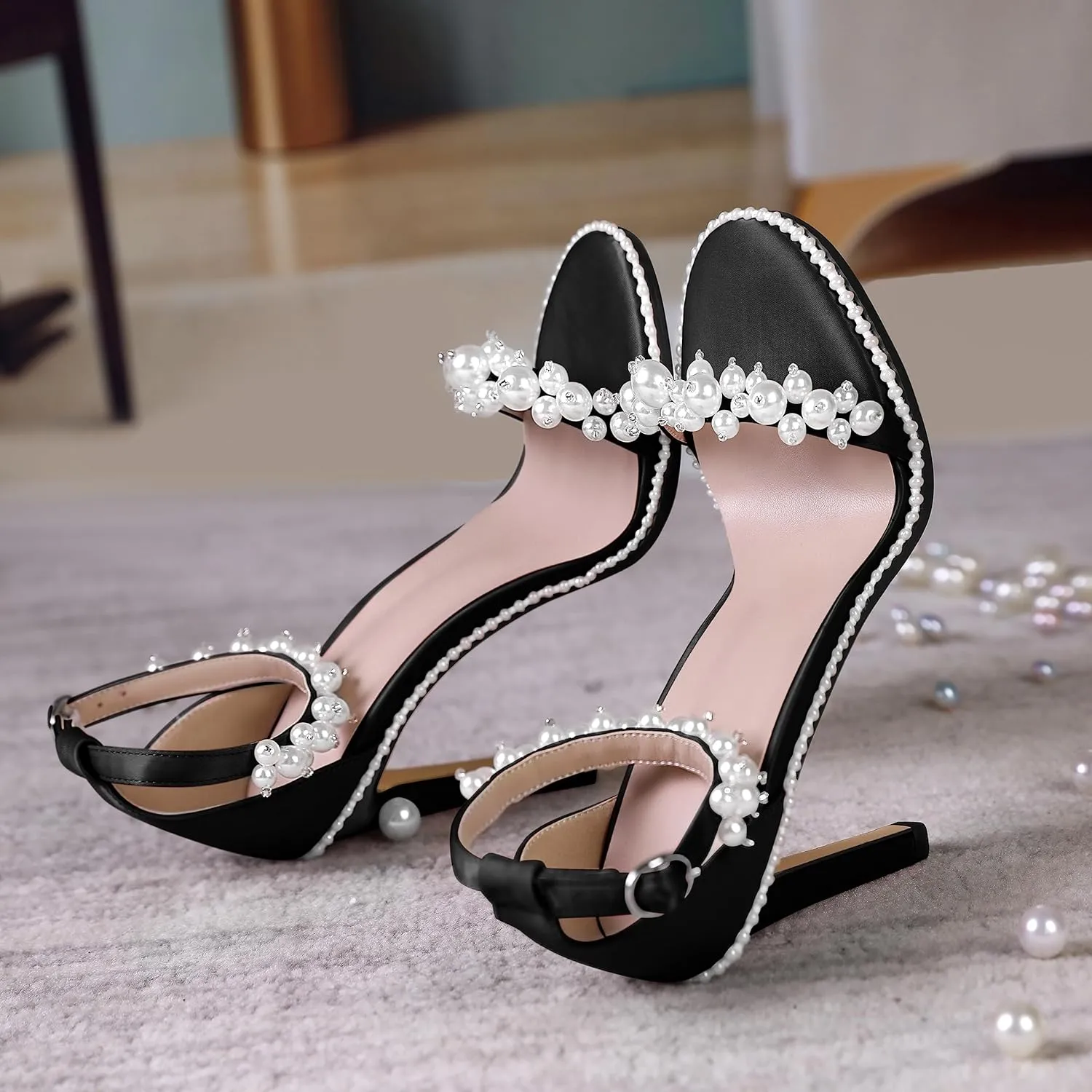 AUMOTED Women's High Heels Open Toe Pumps Stiletto Heeled Sandals Dating Beaded Pumps with Pearl Ankle Buckle Strap Bride Wedding Party Shoes 4.3 Inch
