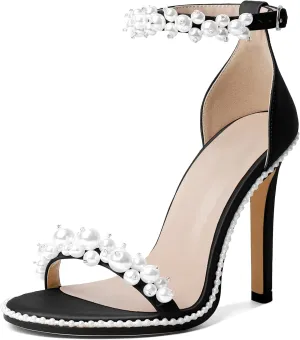 AUMOTED Women's High Heels Open Toe Pumps Stiletto Heeled Sandals Dating Beaded Pumps with Pearl Ankle Buckle Strap Bride Wedding Party Shoes 4.3 Inch