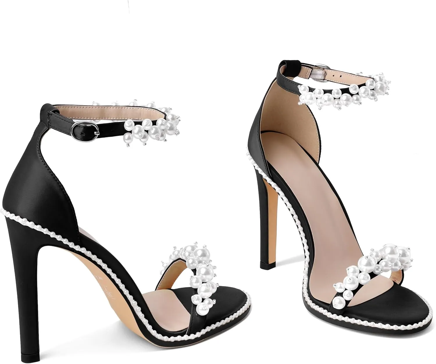 AUMOTED Women's High Heels Open Toe Pumps Stiletto Heeled Sandals Dating Beaded Pumps with Pearl Ankle Buckle Strap Bride Wedding Party Shoes 4.3 Inch