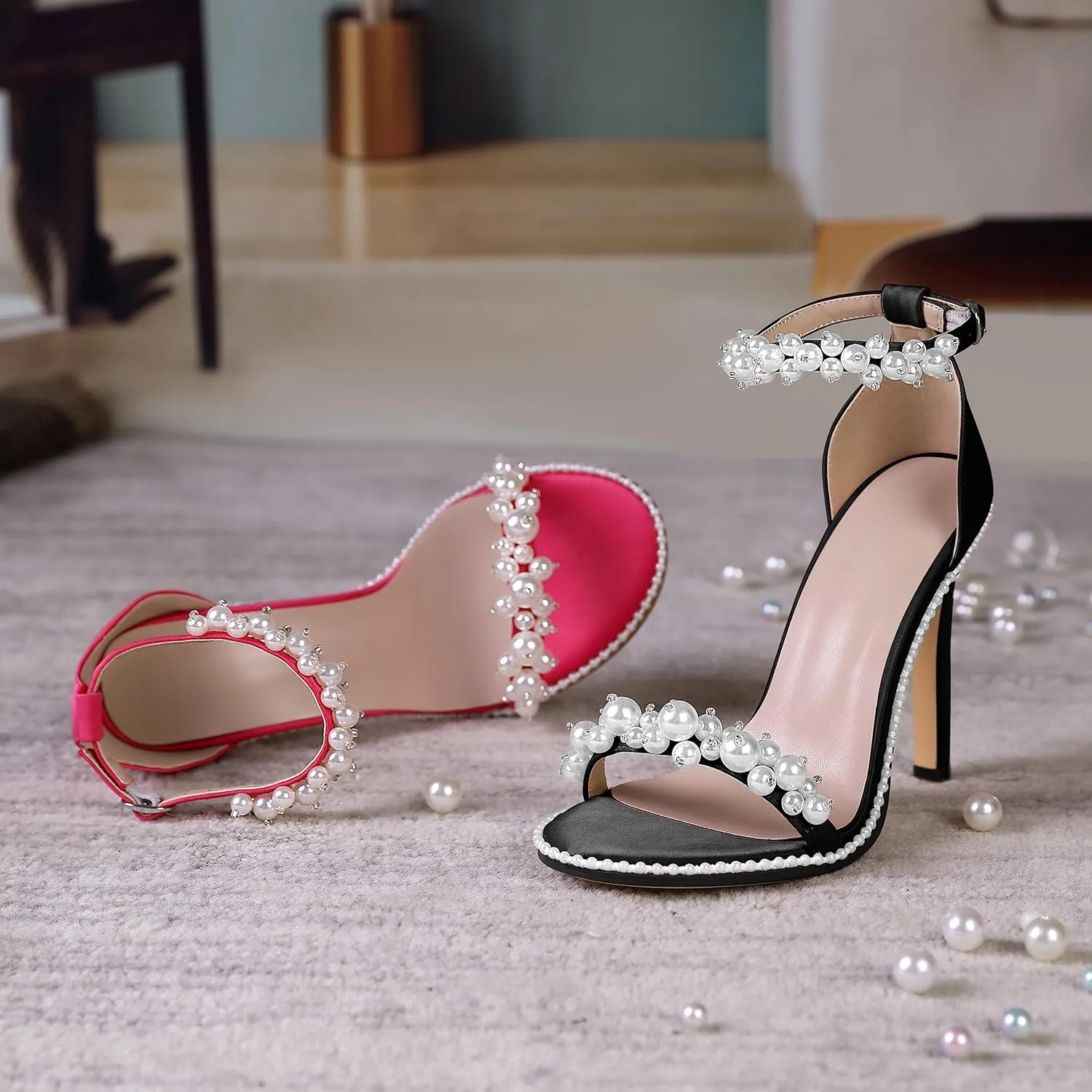 AUMOTED Women's High Heels Open Toe Pumps Stiletto Heeled Sandals Dating Beaded Pumps with Pearl Ankle Buckle Strap Bride Wedding Party Shoes 4.3 Inch