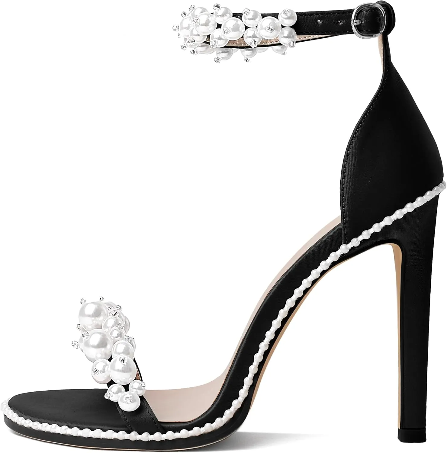 AUMOTED Women's High Heels Open Toe Pumps Stiletto Heeled Sandals Dating Beaded Pumps with Pearl Ankle Buckle Strap Bride Wedding Party Shoes 4.3 Inch