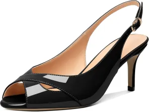 AUMOTED Womens Slingback Heels Peep Toe Stiletto Mid Heel Pumps Patent Leather Sexy Adjustable Strap Buckle Solid Dress Shoes 2.5 Inch