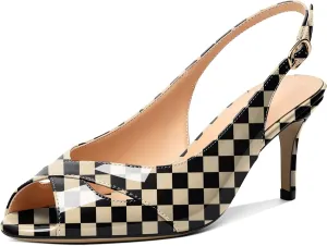 AUMOTED Womens Slingback Heels Peep Toe Stiletto Mid Heel Pumps Patent Leather Sexy Adjustable Strap Buckle Solid Dress Shoes 2.5 Inch