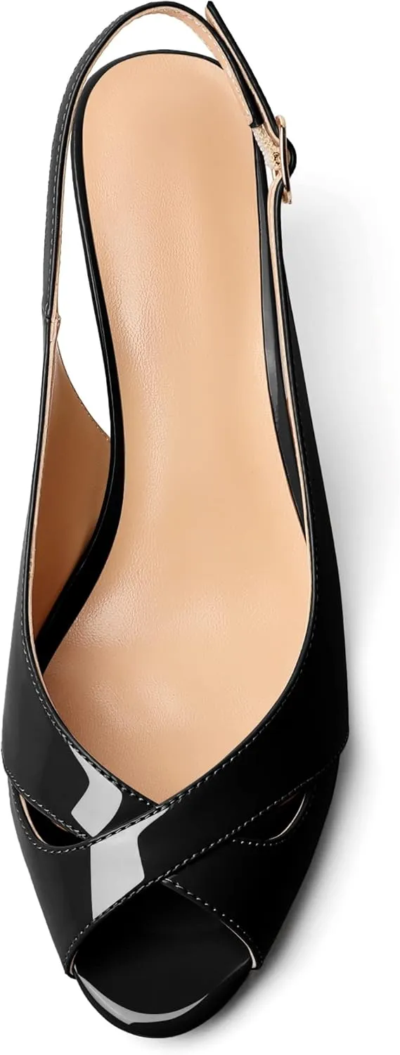 AUMOTED Womens Slingback Heels Peep Toe Stiletto Mid Heel Pumps Patent Leather Sexy Adjustable Strap Buckle Solid Dress Shoes 2.5 Inch