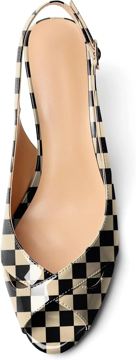 AUMOTED Womens Slingback Heels Peep Toe Stiletto Mid Heel Pumps Patent Leather Sexy Adjustable Strap Buckle Solid Dress Shoes 2.5 Inch