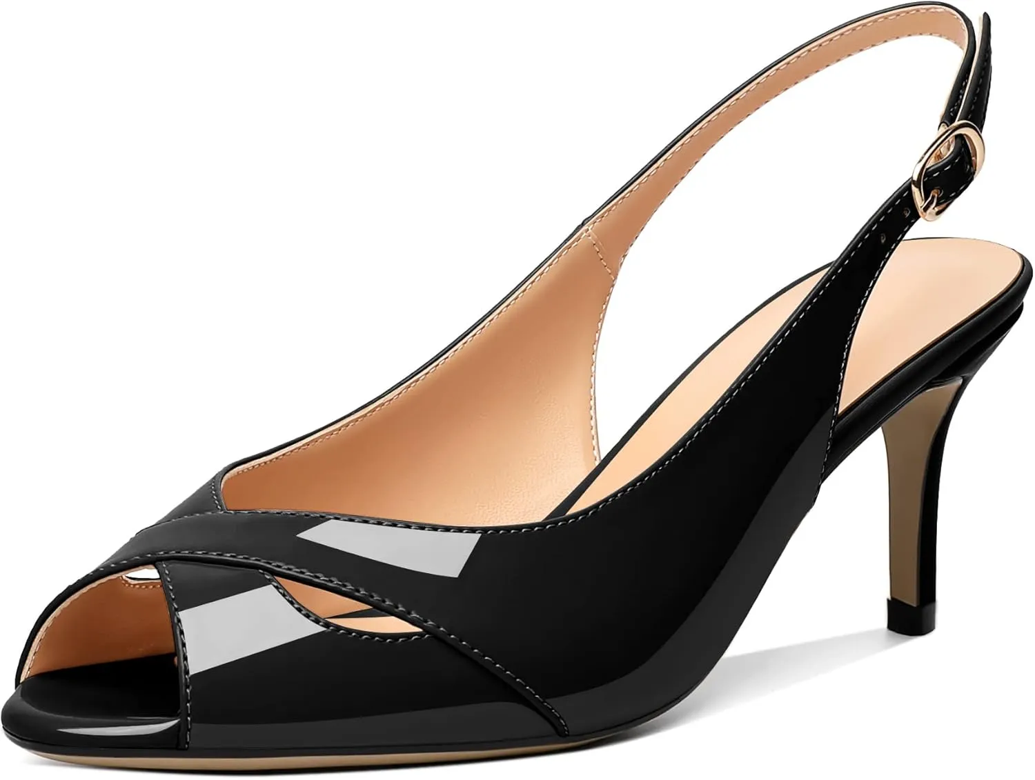 AUMOTED Womens Slingback Heels Peep Toe Stiletto Mid Heel Pumps Patent Leather Sexy Adjustable Strap Buckle Solid Dress Shoes 2.5 Inch