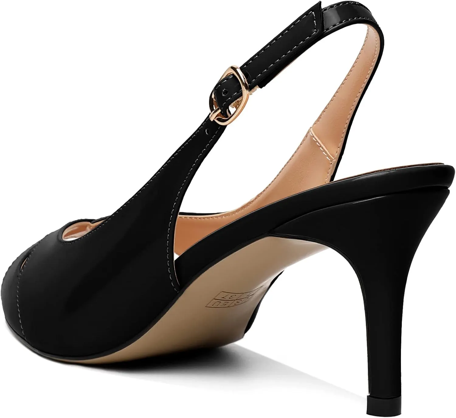 AUMOTED Womens Slingback Heels Peep Toe Stiletto Mid Heel Pumps Patent Leather Sexy Adjustable Strap Buckle Solid Dress Shoes 2.5 Inch