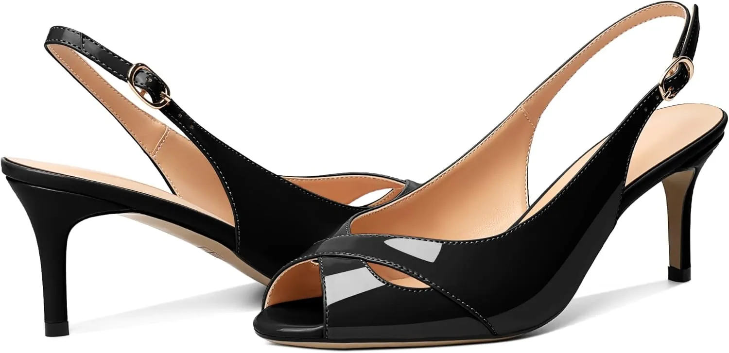 AUMOTED Womens Slingback Heels Peep Toe Stiletto Mid Heel Pumps Patent Leather Sexy Adjustable Strap Buckle Solid Dress Shoes 2.5 Inch