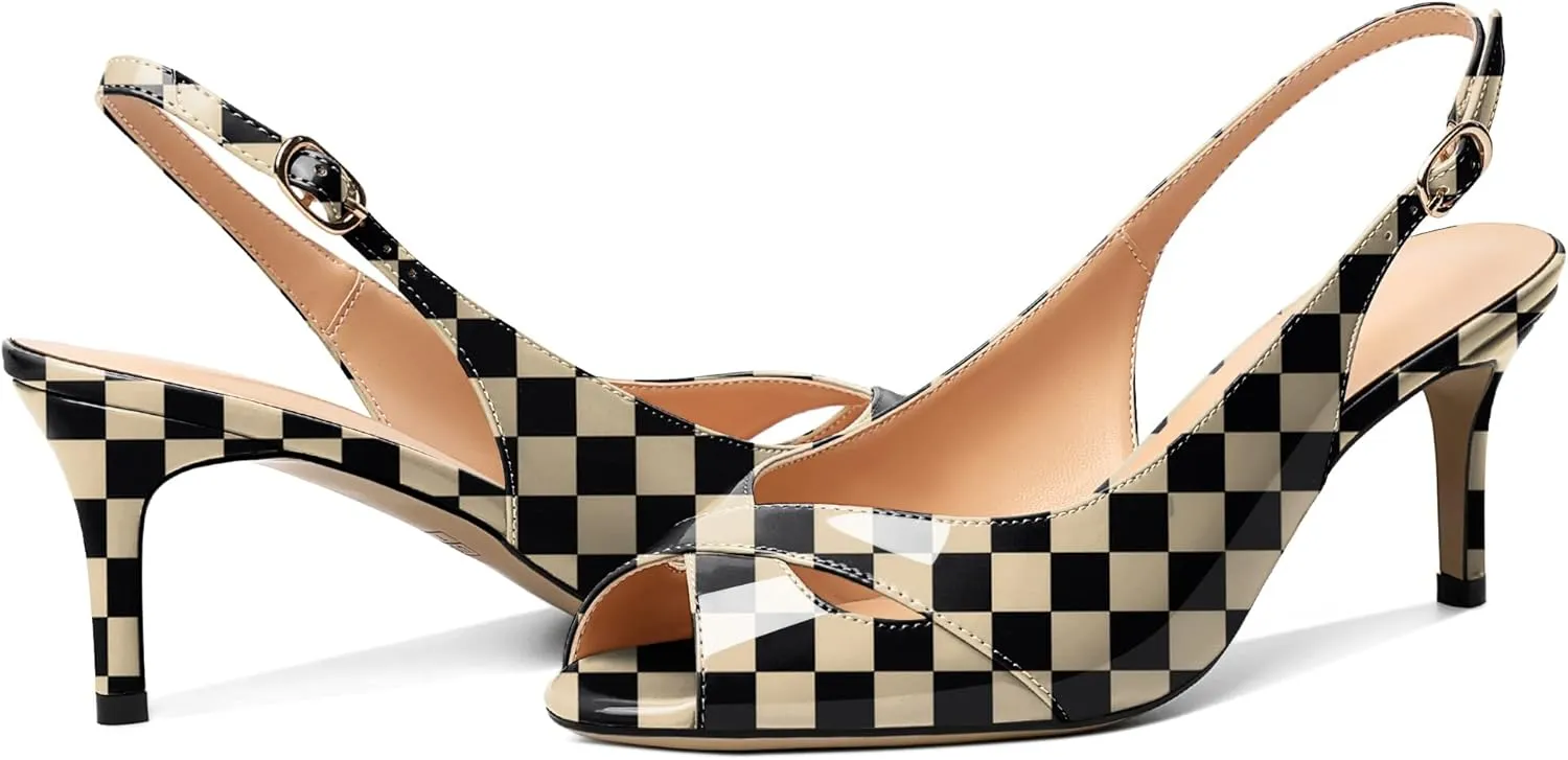 AUMOTED Womens Slingback Heels Peep Toe Stiletto Mid Heel Pumps Patent Leather Sexy Adjustable Strap Buckle Solid Dress Shoes 2.5 Inch