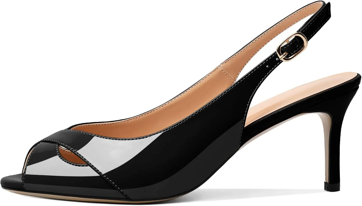 AUMOTED Womens Slingback Heels Peep Toe Stiletto Mid Heel Pumps Patent Leather Sexy Adjustable Strap Buckle Solid Dress Shoes 2.5 Inch