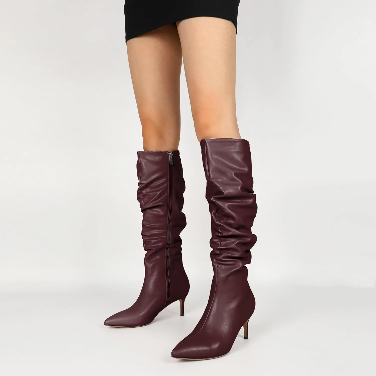 AUMOTED Womens Slouchy Knee High Boots Mid Calf Boots Kitten Heel Pointed Toe Pull On Long Boots Winter Shoes 2.5 Inch Heeled Boots