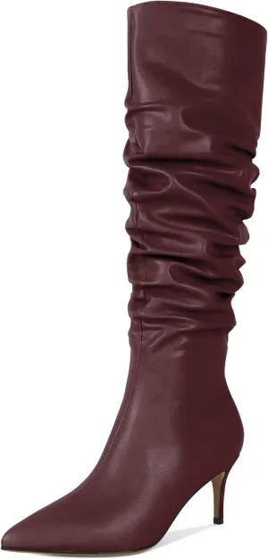AUMOTED Womens Slouchy Knee High Boots Mid Calf Boots Kitten Heel Pointed Toe Pull On Long Boots Winter Shoes 2.5 Inch Heeled Boots
