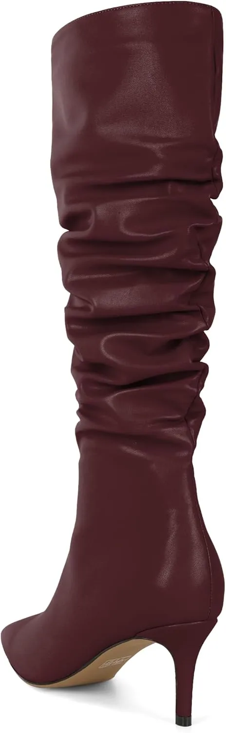 AUMOTED Womens Slouchy Knee High Boots Mid Calf Boots Kitten Heel Pointed Toe Pull On Long Boots Winter Shoes 2.5 Inch Heeled Boots