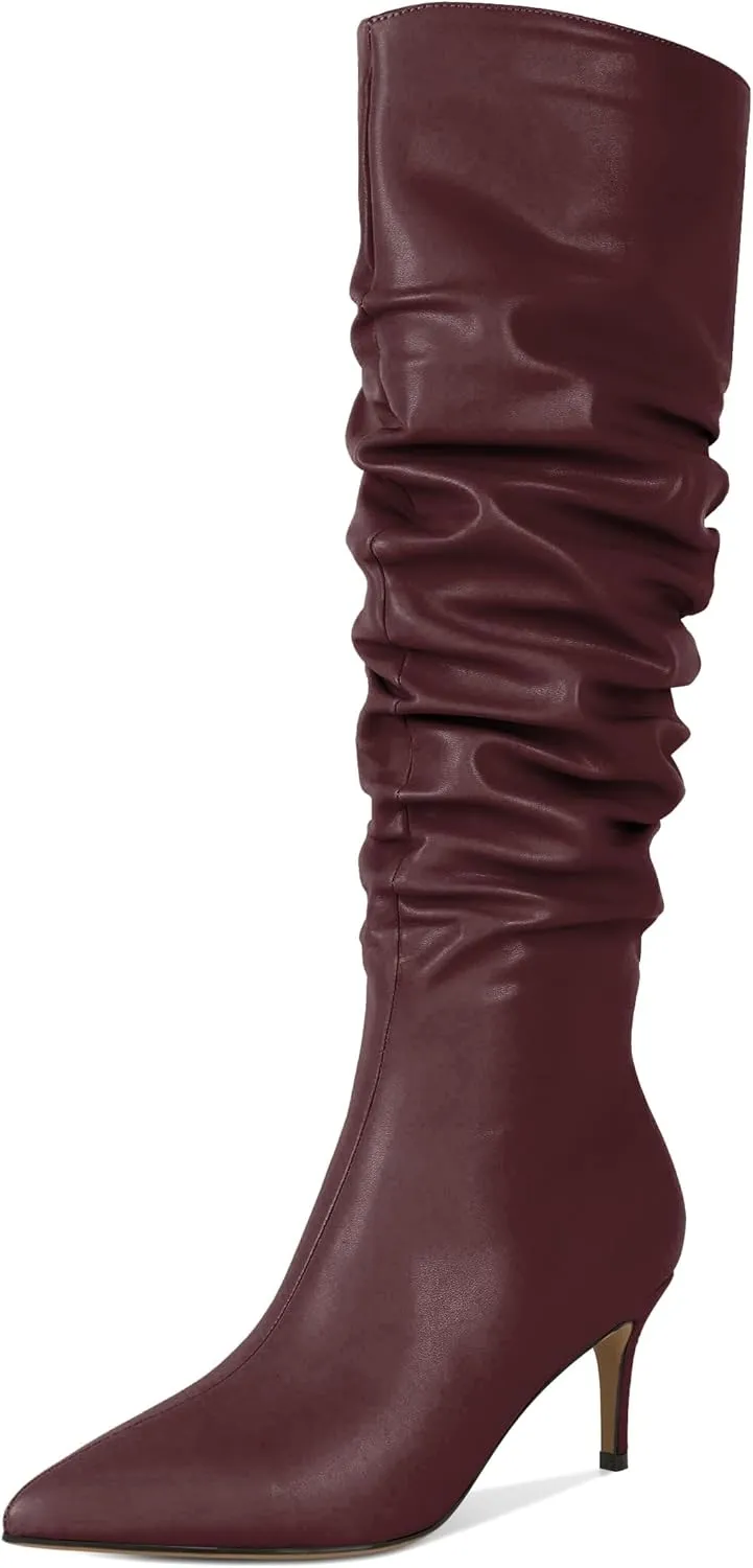 AUMOTED Womens Slouchy Knee High Boots Mid Calf Boots Kitten Heel Pointed Toe Pull On Long Boots Winter Shoes 2.5 Inch Heeled Boots
