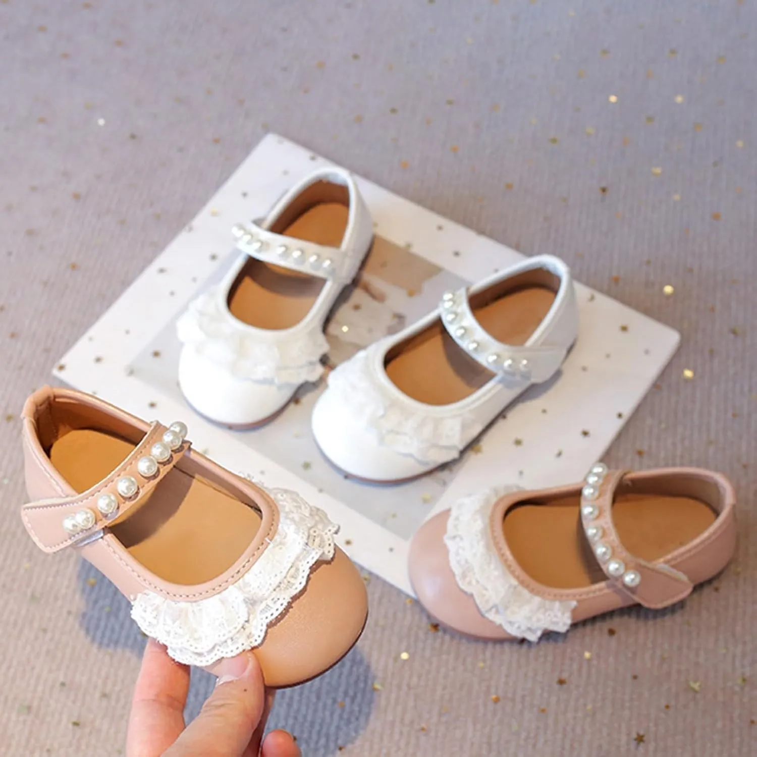Baby Girls Leather Beaded Strap Lace Sandals Low Heel Closed Toe Ankle Summer Shoes Kids Toddler Formal Wedding Sandals