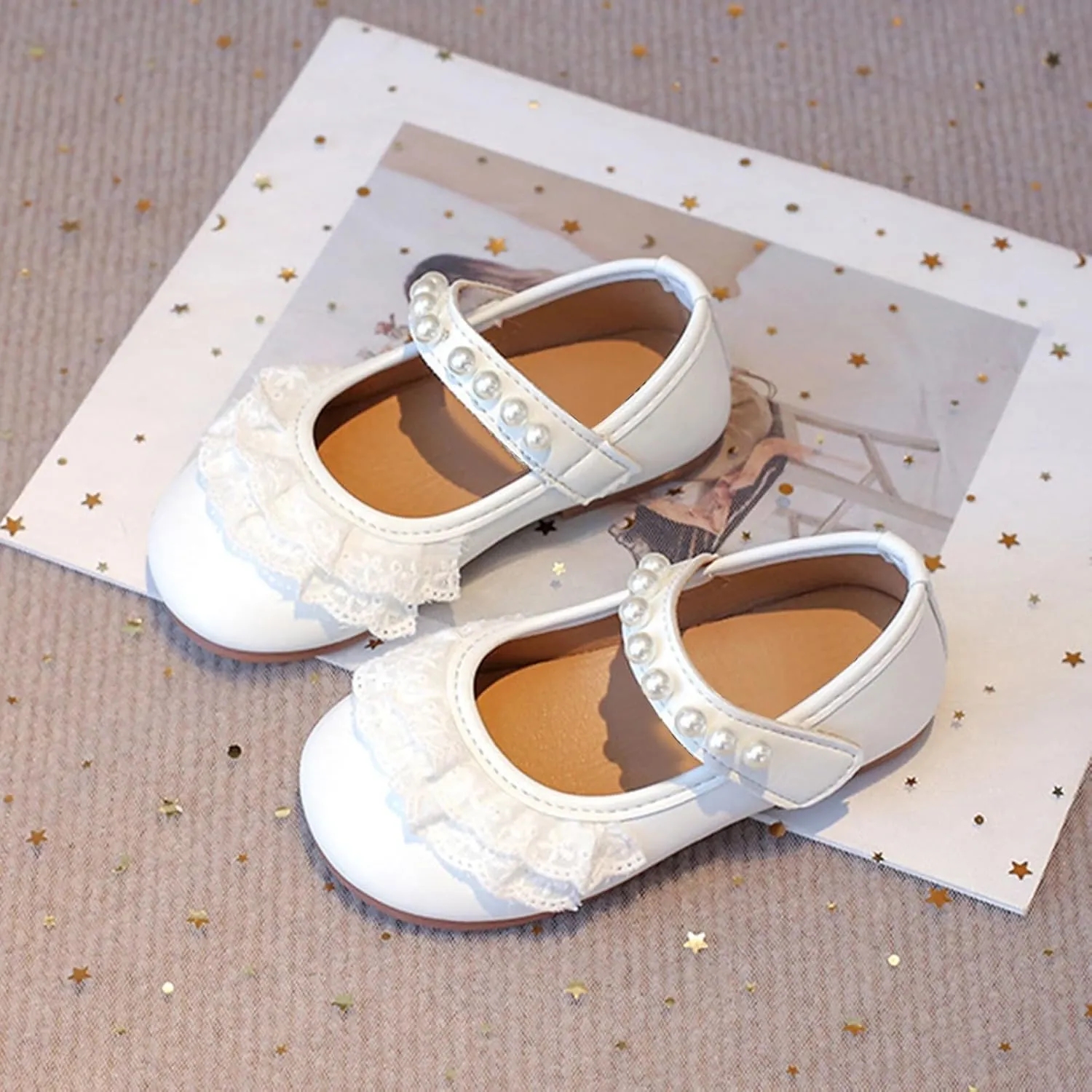 Baby Girls Leather Beaded Strap Lace Sandals Low Heel Closed Toe Ankle Summer Shoes Kids Toddler Formal Wedding Sandals