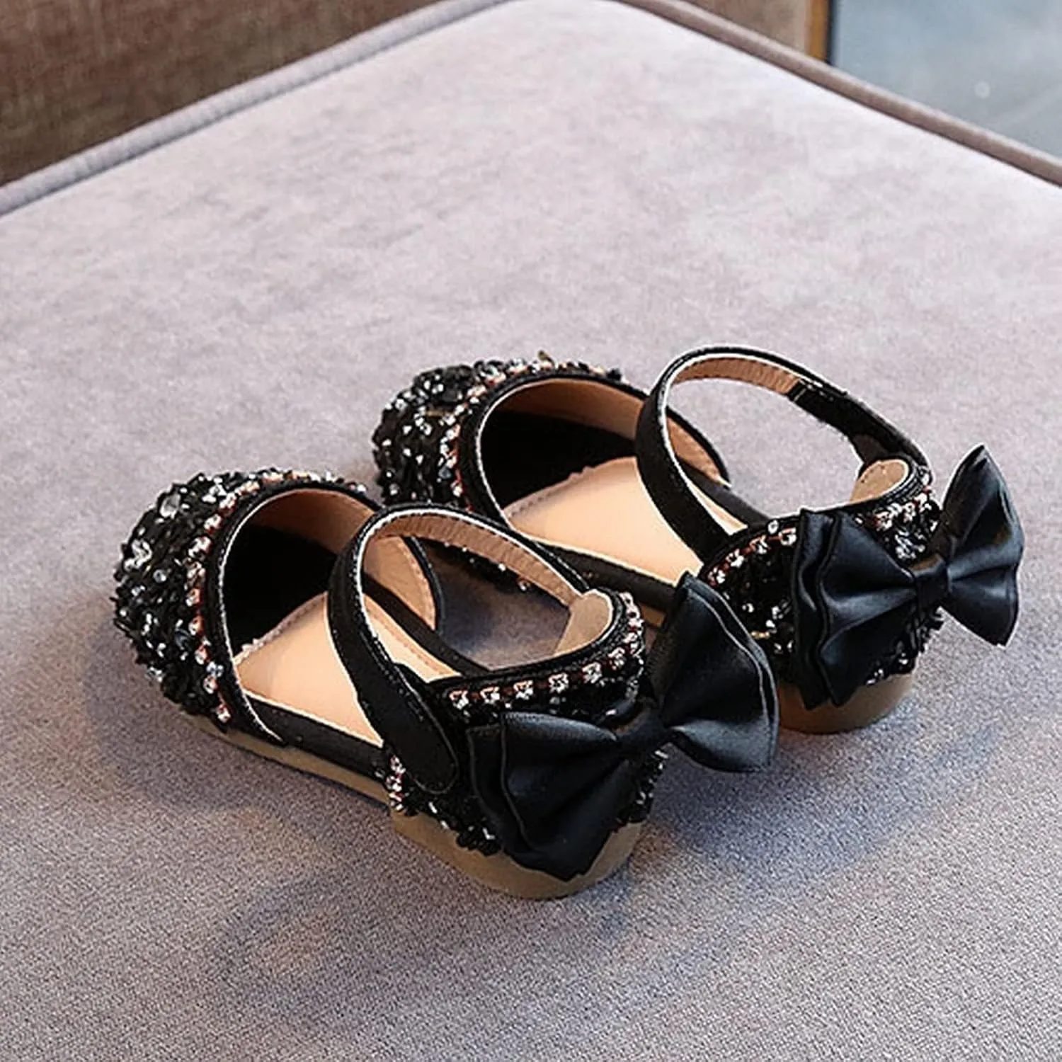 Baby Girls Pearl Sequins Sandals Formal Wedding Party Dress Ankle Princess Shoes Low Heel Closed Toe Fancy Sandals