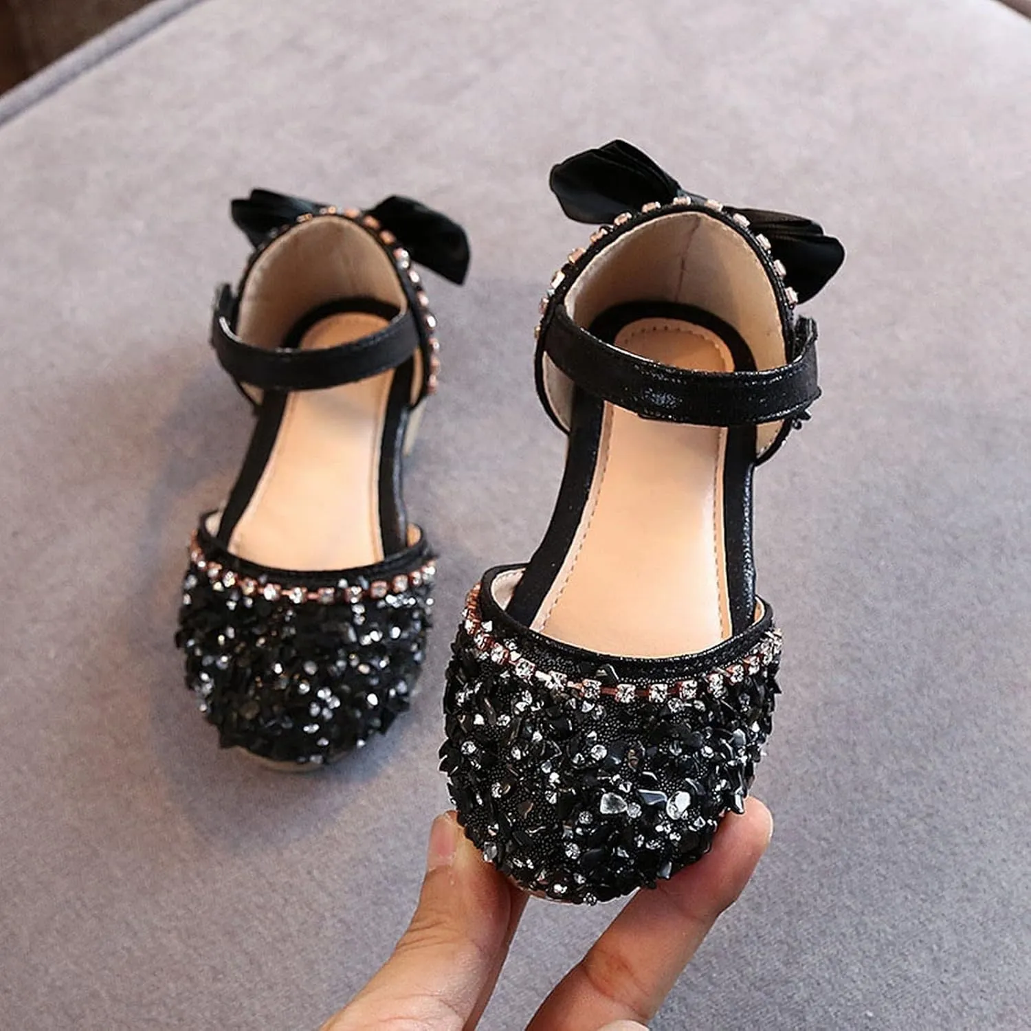 Baby Girls Pearl Sequins Sandals Formal Wedding Party Dress Ankle Princess Shoes Low Heel Closed Toe Fancy Sandals