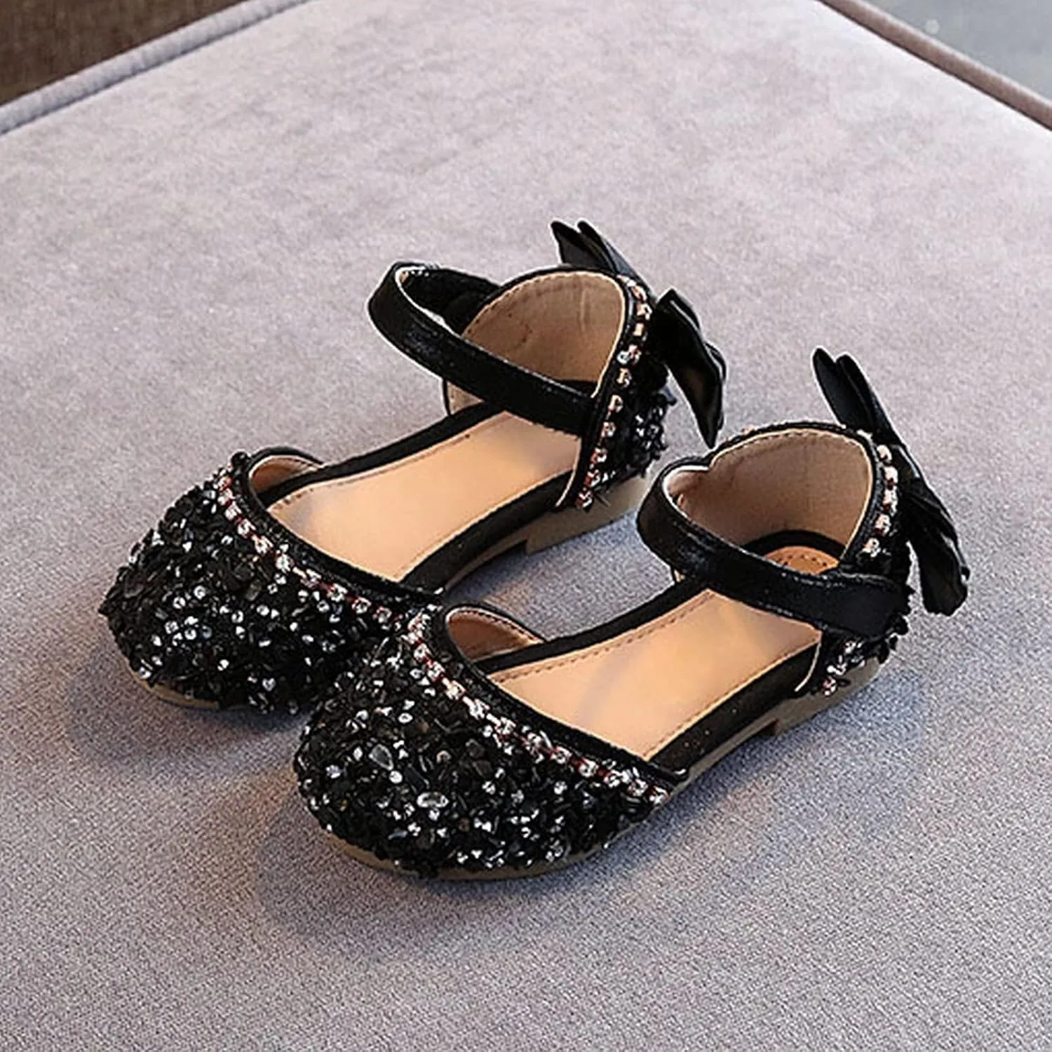 Baby Girls Pearl Sequins Sandals Formal Wedding Party Dress Ankle Princess Shoes Low Heel Closed Toe Fancy Sandals