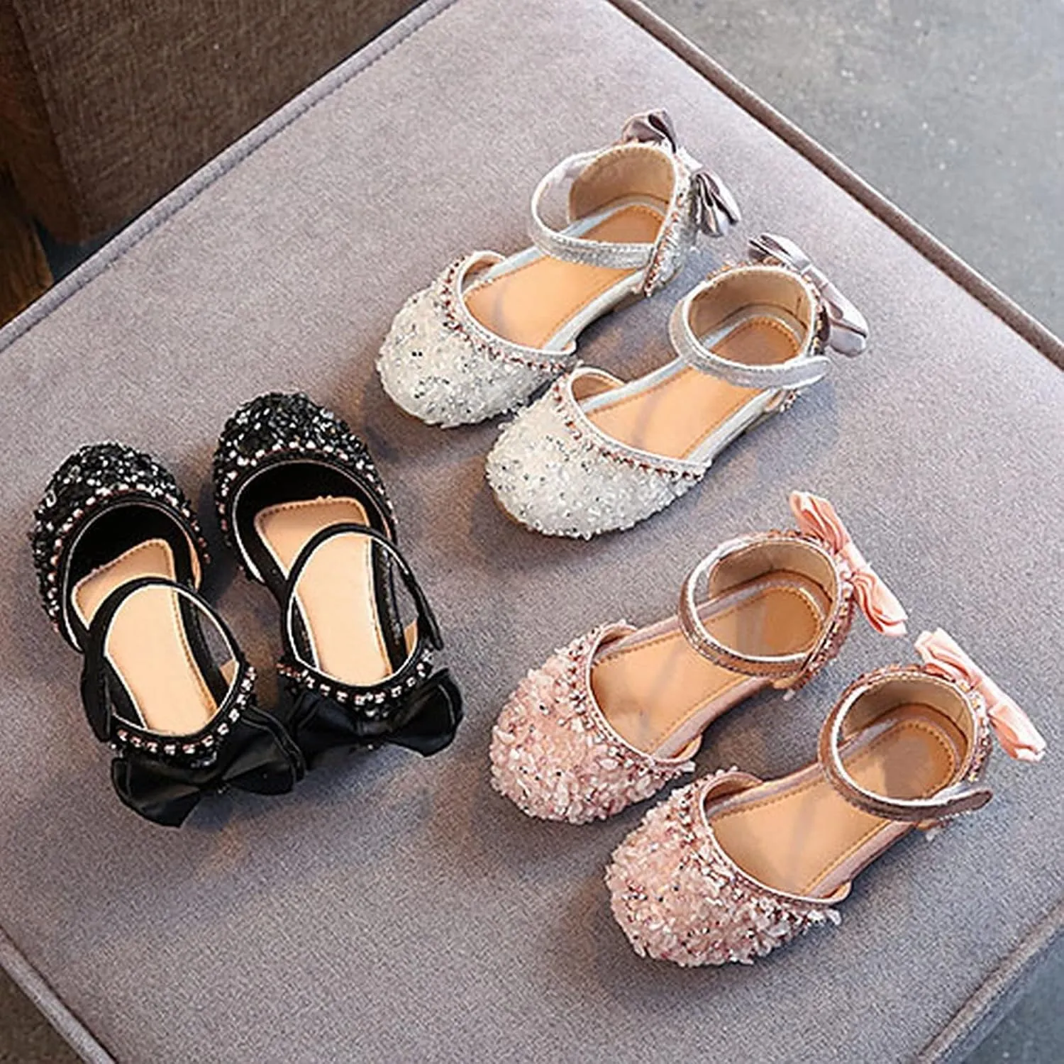 Baby Girls Pearl Sequins Sandals Formal Wedding Party Dress Ankle Princess Shoes Low Heel Closed Toe Fancy Sandals