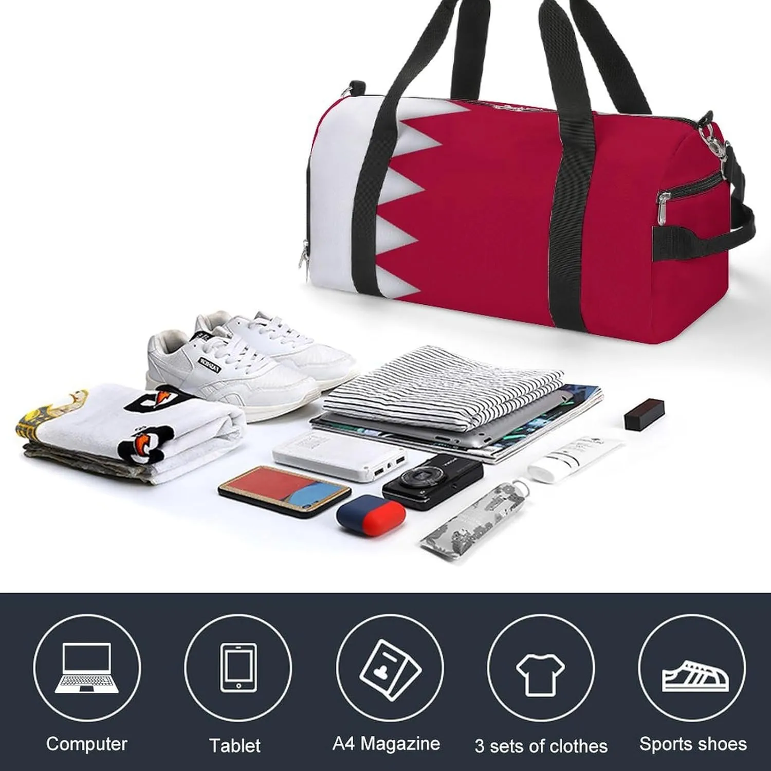 Bahrain Flag Duffel Bag for Boys Girls with Shoe Compartment for Travel Gym