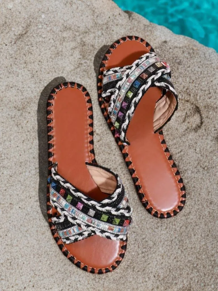 BAMBOO Womens Open Round Toe Cross Straps Beaded Slides Array-02
