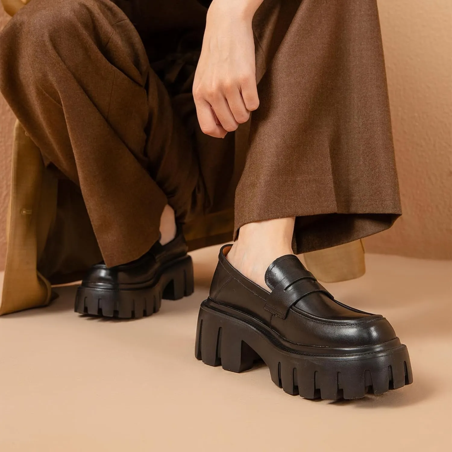 BEAU TODAY Chunky Loafers Women,Platform Loafers for Women,Lug Sole Slip On Leather Classic Penny Shoes,Comfortable Office Work Business Casual Dress Shoes