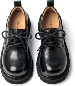 BEAU TODAY Chunky Platform Oxford Shoes for Women - Casual Round Toe Lace-up Leather Oxfords - Comfortable Business Lug Sole Dress Shoes