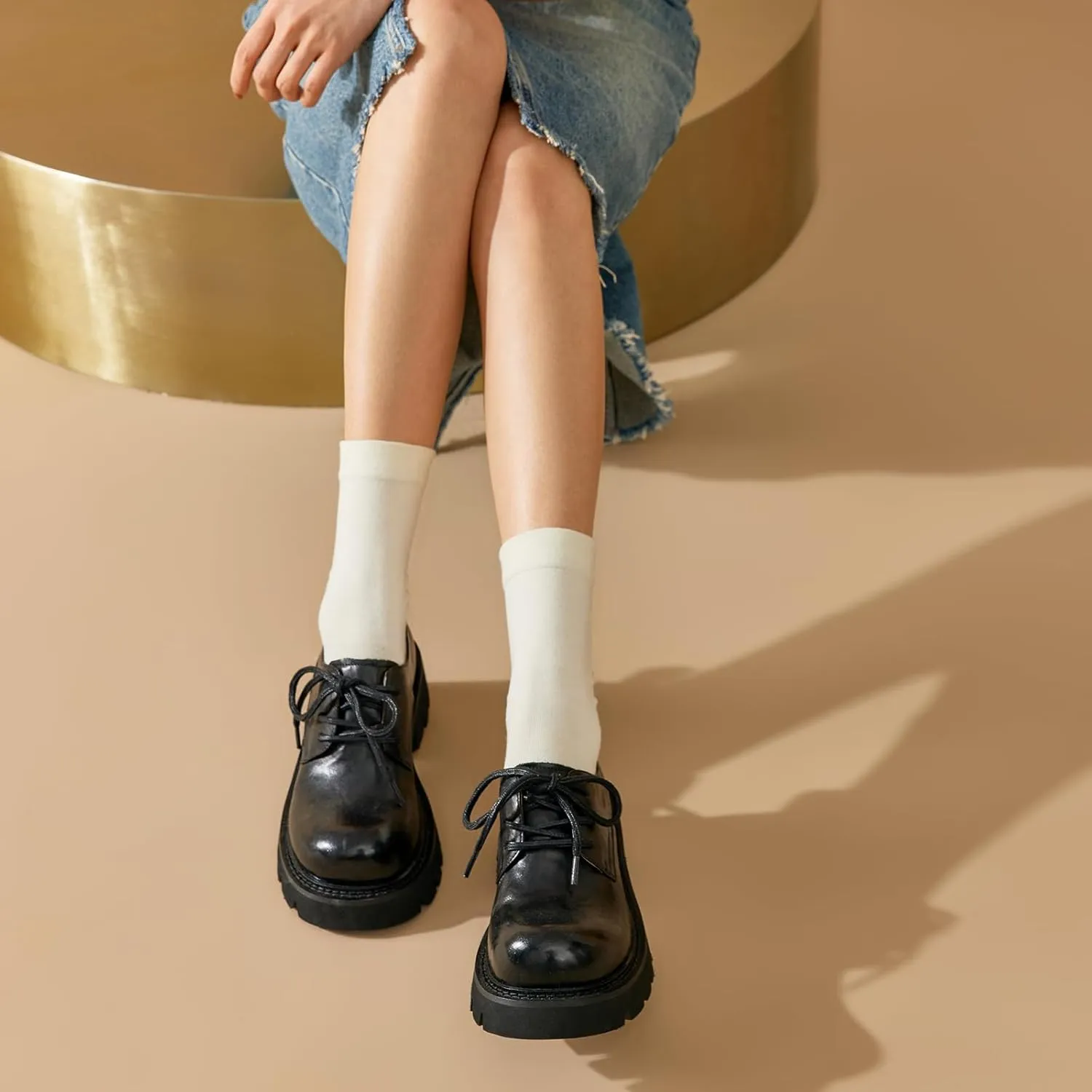 BEAU TODAY Chunky Platform Oxford Shoes for Women - Casual Round Toe Lace-up Leather Oxfords - Comfortable Business Lug Sole Dress Shoes