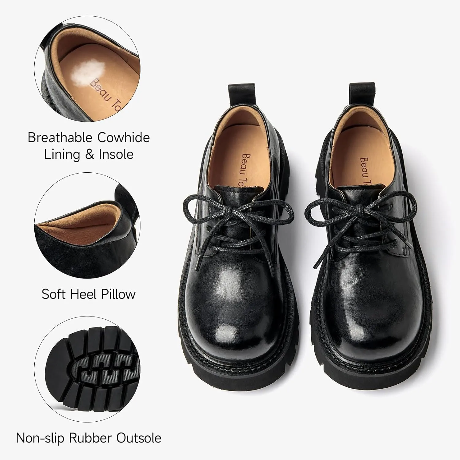 BEAU TODAY Chunky Platform Oxford Shoes for Women - Casual Round Toe Lace-up Leather Oxfords - Comfortable Business Lug Sole Dress Shoes