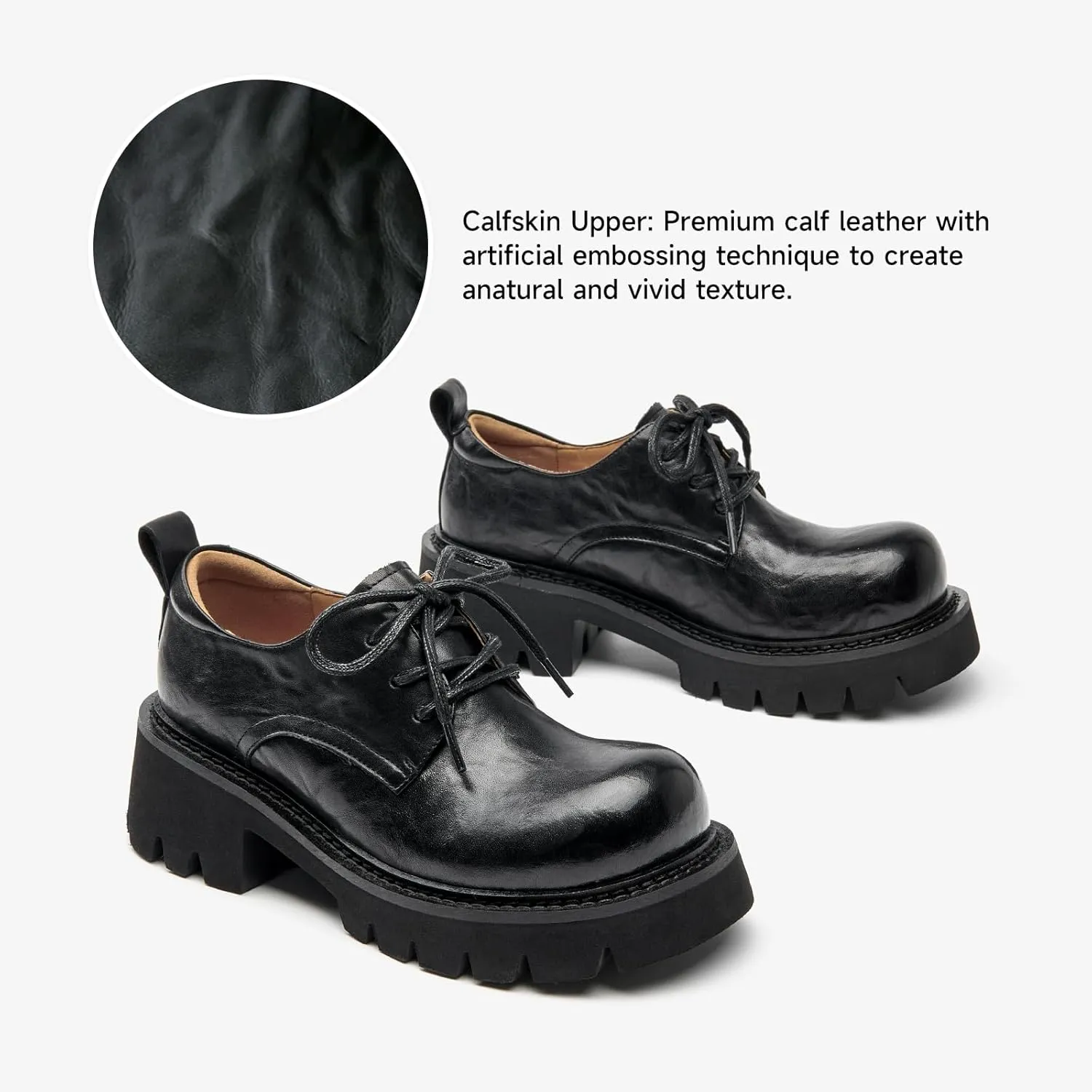 BEAU TODAY Chunky Platform Oxford Shoes for Women - Casual Round Toe Lace-up Leather Oxfords - Comfortable Business Lug Sole Dress Shoes