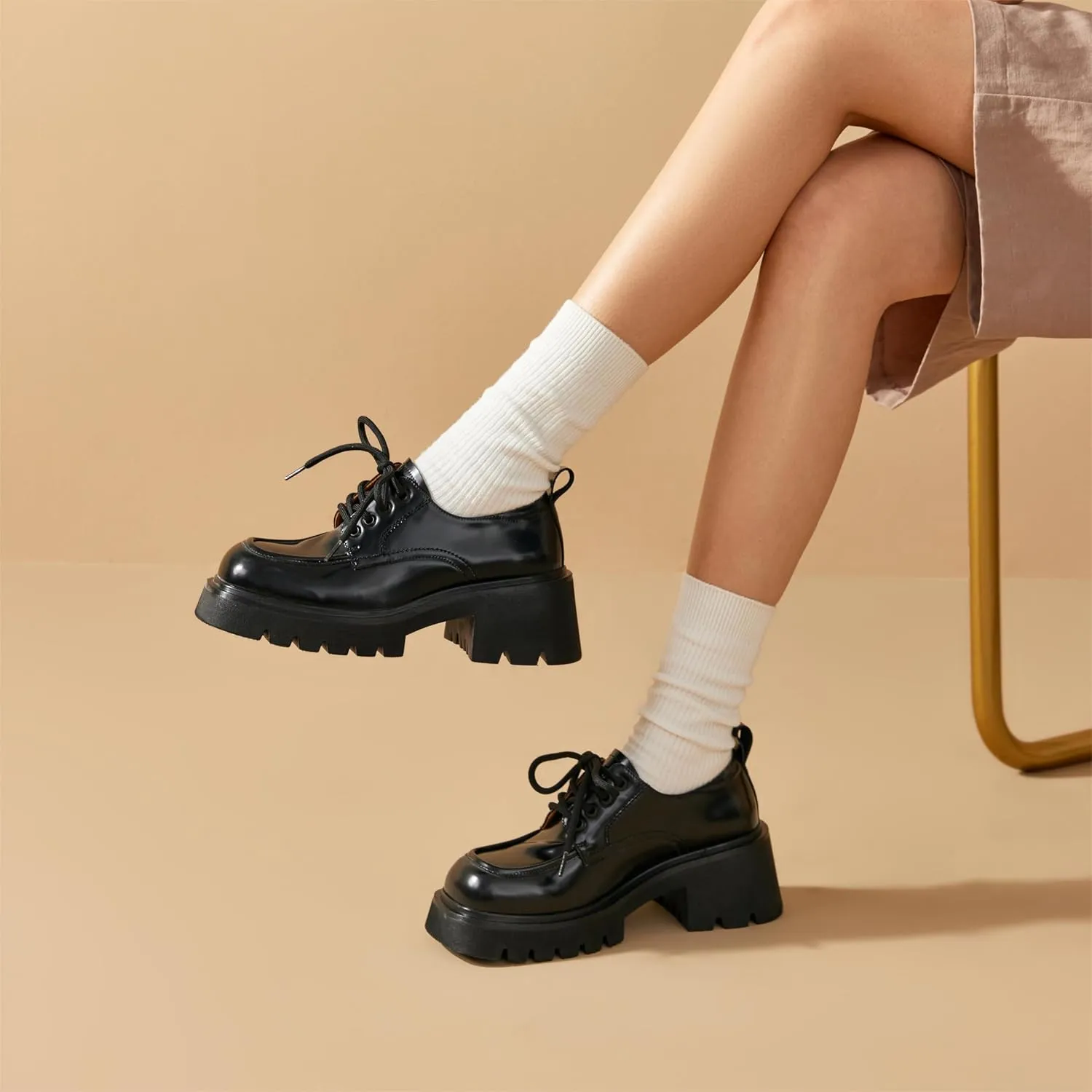 BEAU TODAY Chunky Platform Oxford Shoes for Women - Classic Lace-Up Leather Comfortable Business Lug Sole Work Office Shoes
