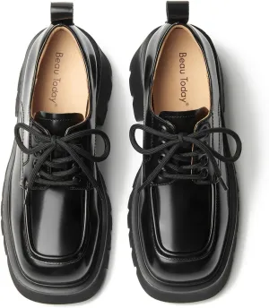 BEAU TODAY Chunky Platform Oxford Shoes for Women - Classic Lace-Up Leather Comfortable Business Lug Sole Work Office Shoes